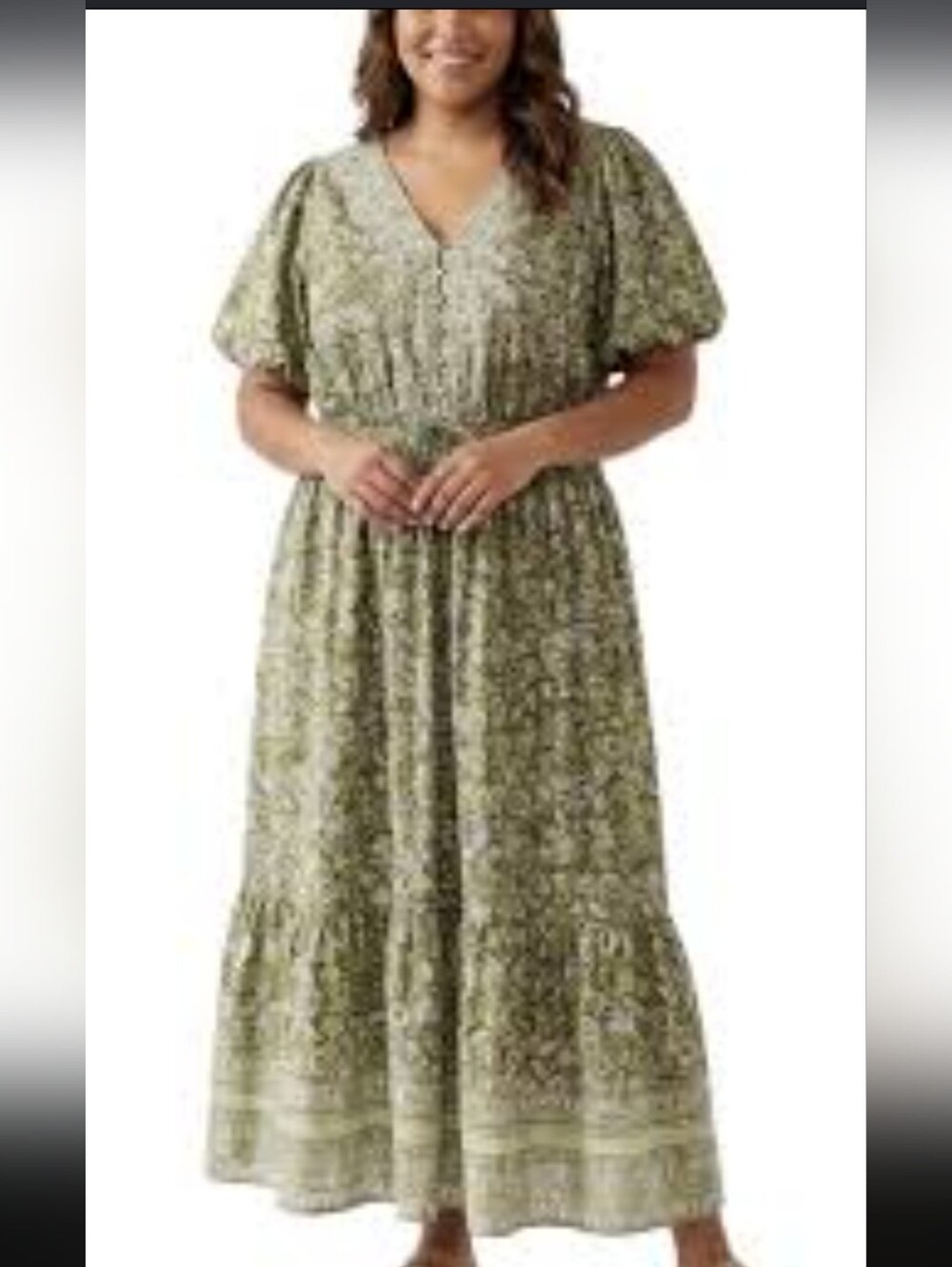 Green Floral Puff Sleeve Midi Dress Women's Plus Size 1X NWT 100% Cotton!!!!